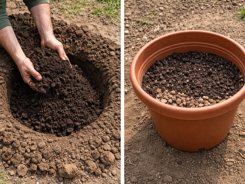 Raised garden bed soil being filled beside a potted plant with prepared drainage soil mix.