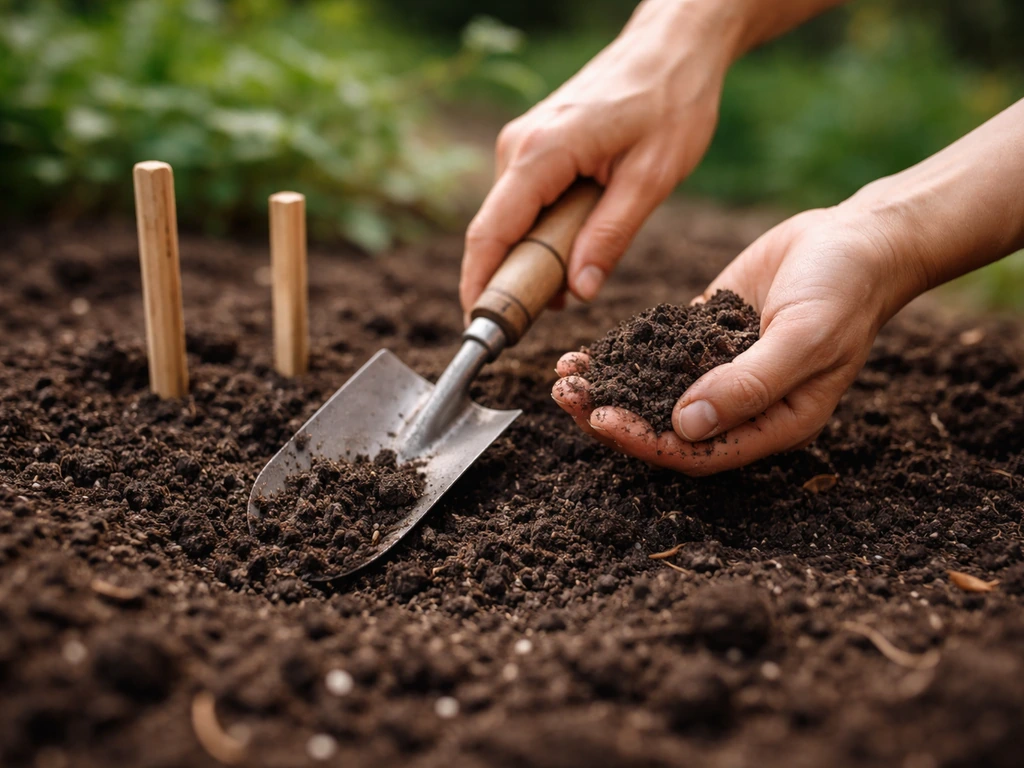 Hands testing soil moisture and texture with a trowel, with small stakes indicating spacing in a garden bed.