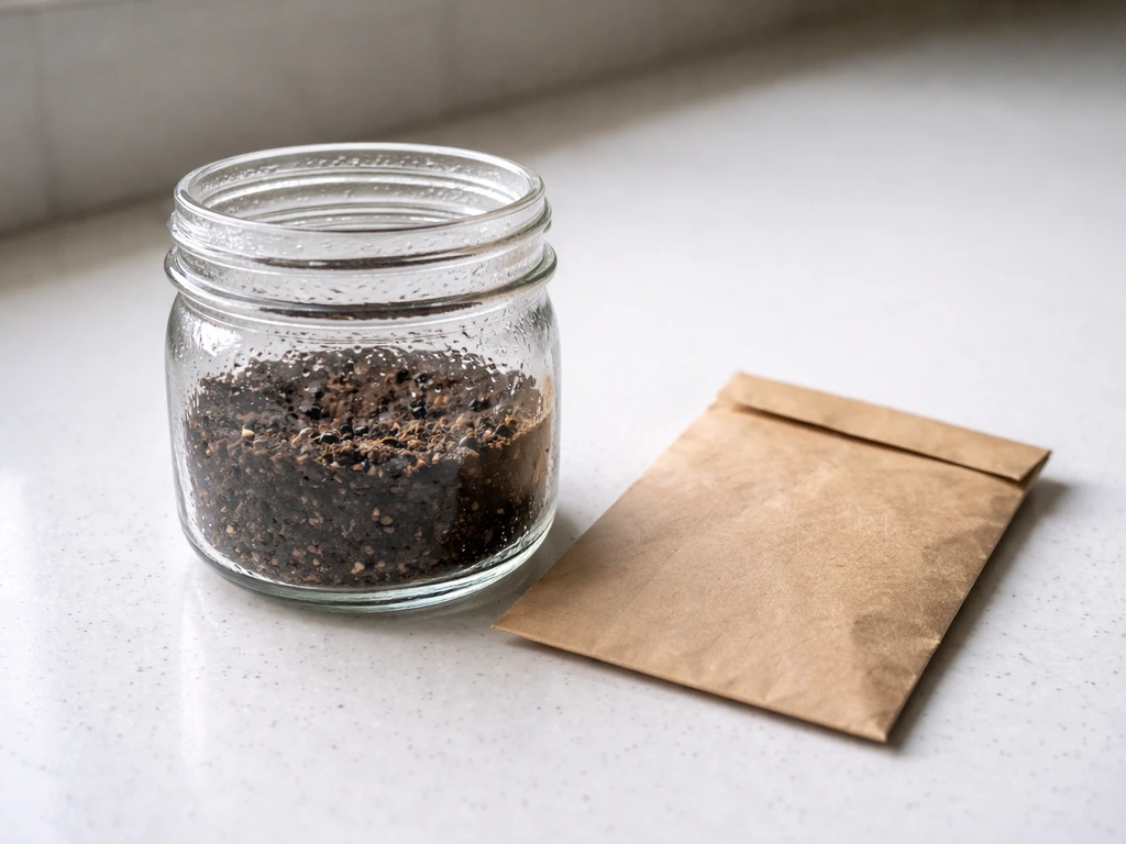 Glass jar with moist soil and scattered stratified Joe-Pye weed seeds ready for surface sowing