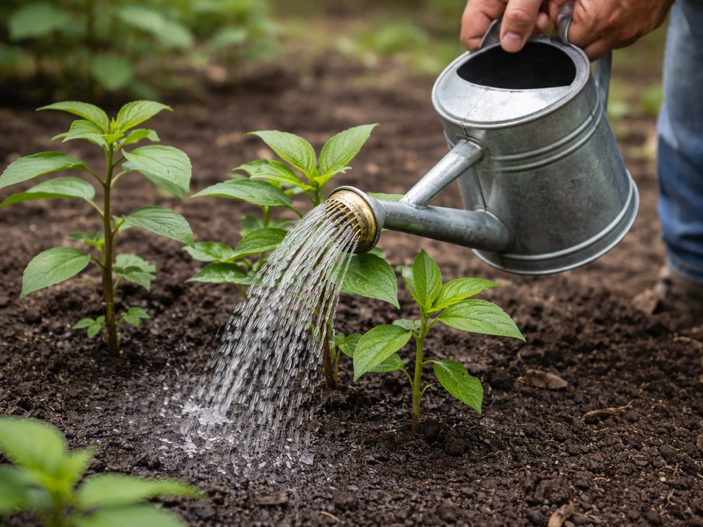 Hand watering Joe-Pye weed seedlings at soil base with a watering can, keeping soil moist.
