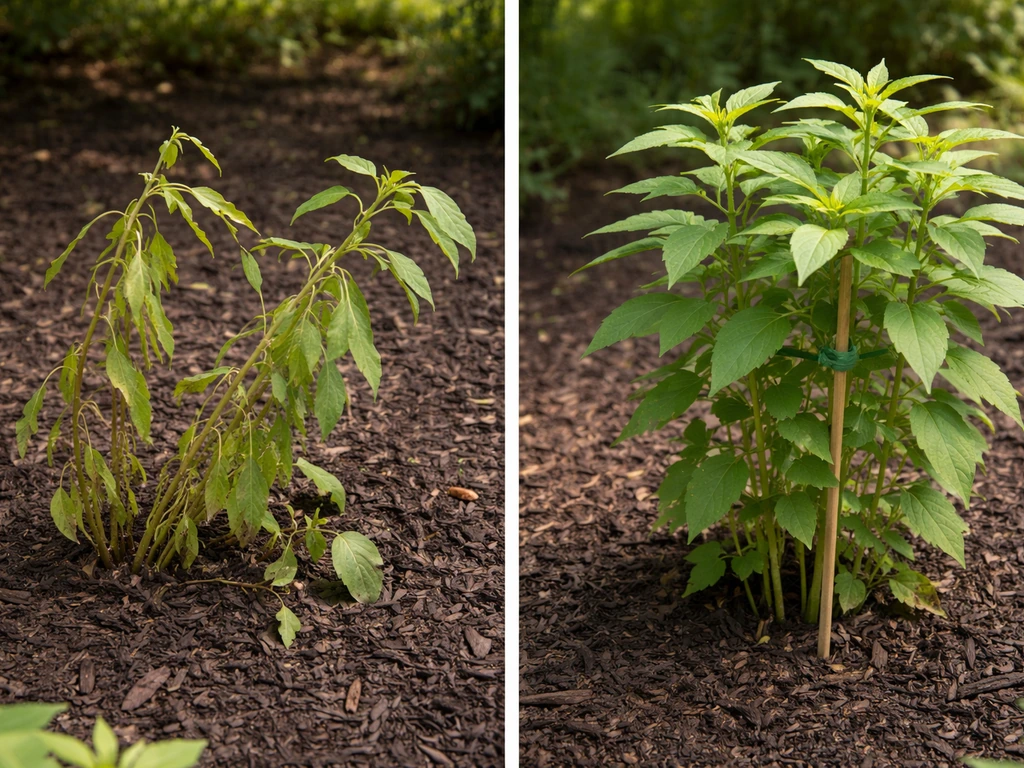 Two Joe-Pye weed plants: one leggy and floppy in shade, one supported and healthier in brighter light