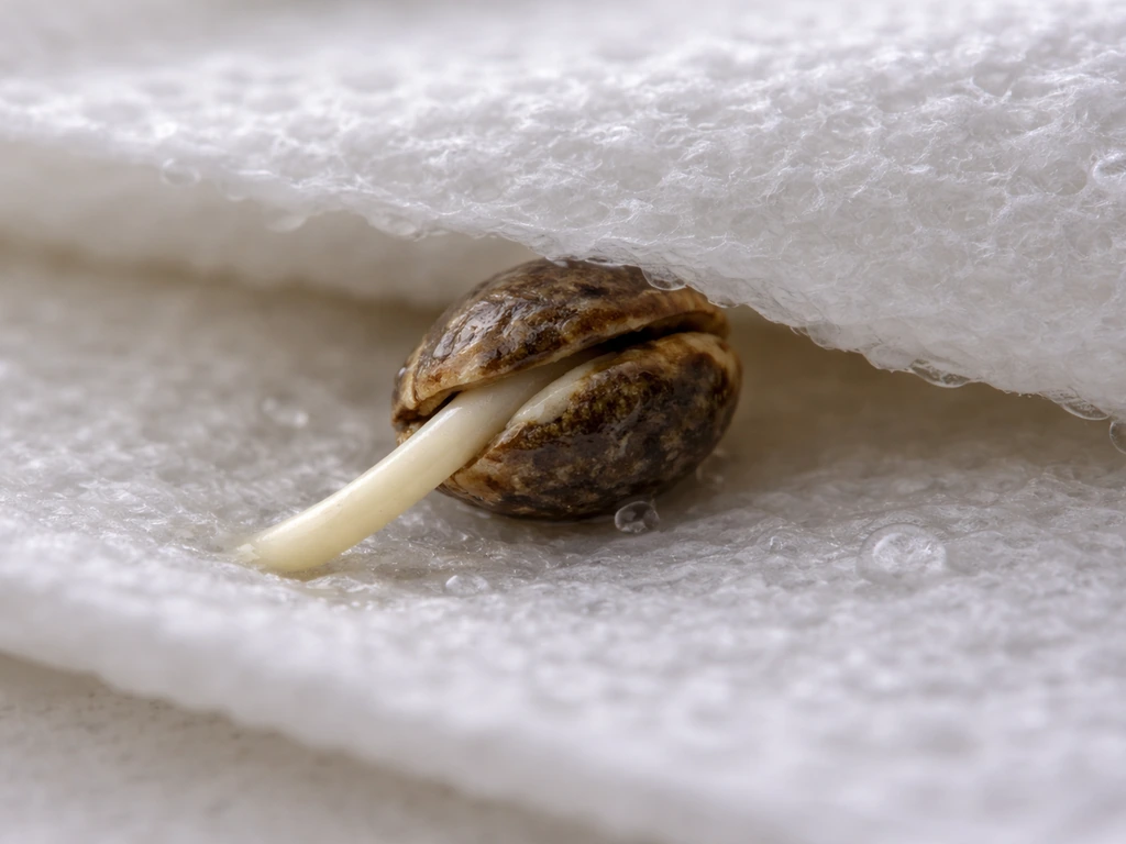 Close-up of a seed between damp paper towels with a small white taproot and water droplets visible.