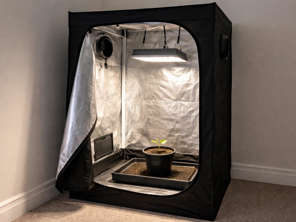 Small grow tent indoors with a compact LED panel and a single seedling in a tray