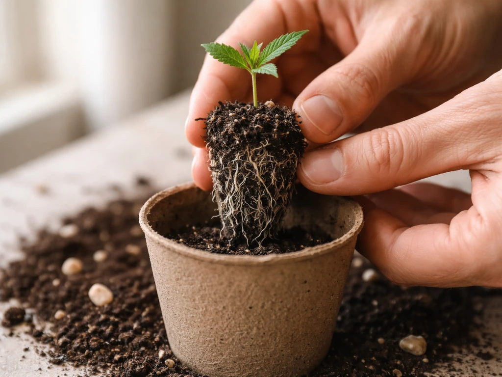 Tiny cannabis seedling being carefully transplanted into a small starter pot with visible root ball.