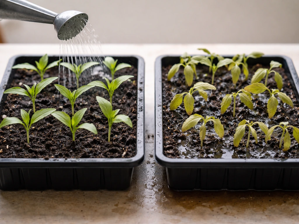Side-by-side seedlings: one tray healthy with lightly moist soil, the other drooping with wet, waterlogged soil.