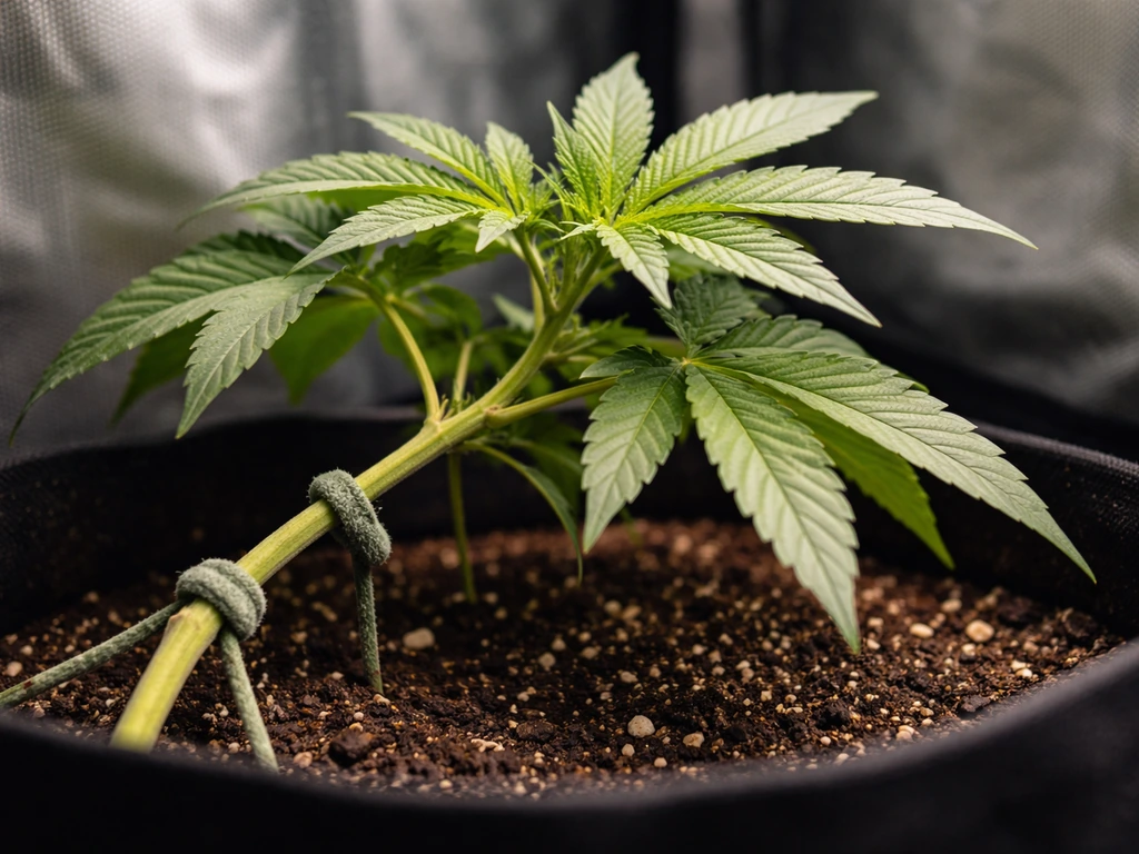 A single cannabis plant trained with soft ties, gently bent sideways to open the canopy.