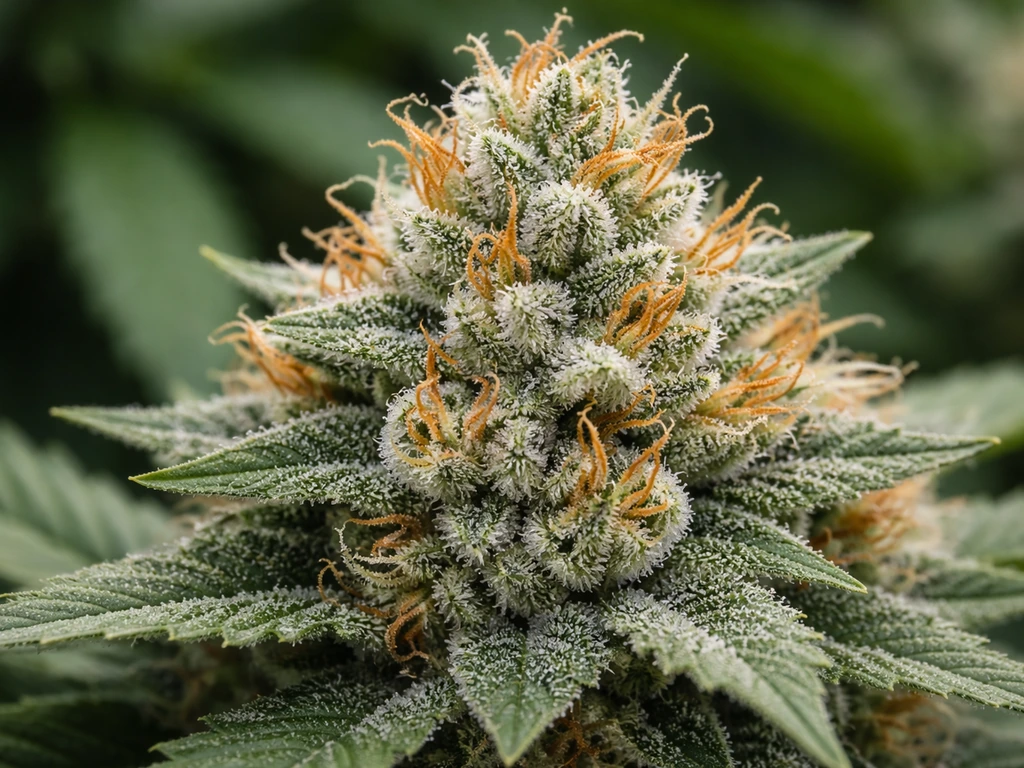 Close-up of a cannabis bud showing trichomes and orange/red pistils indicating harvest readiness.