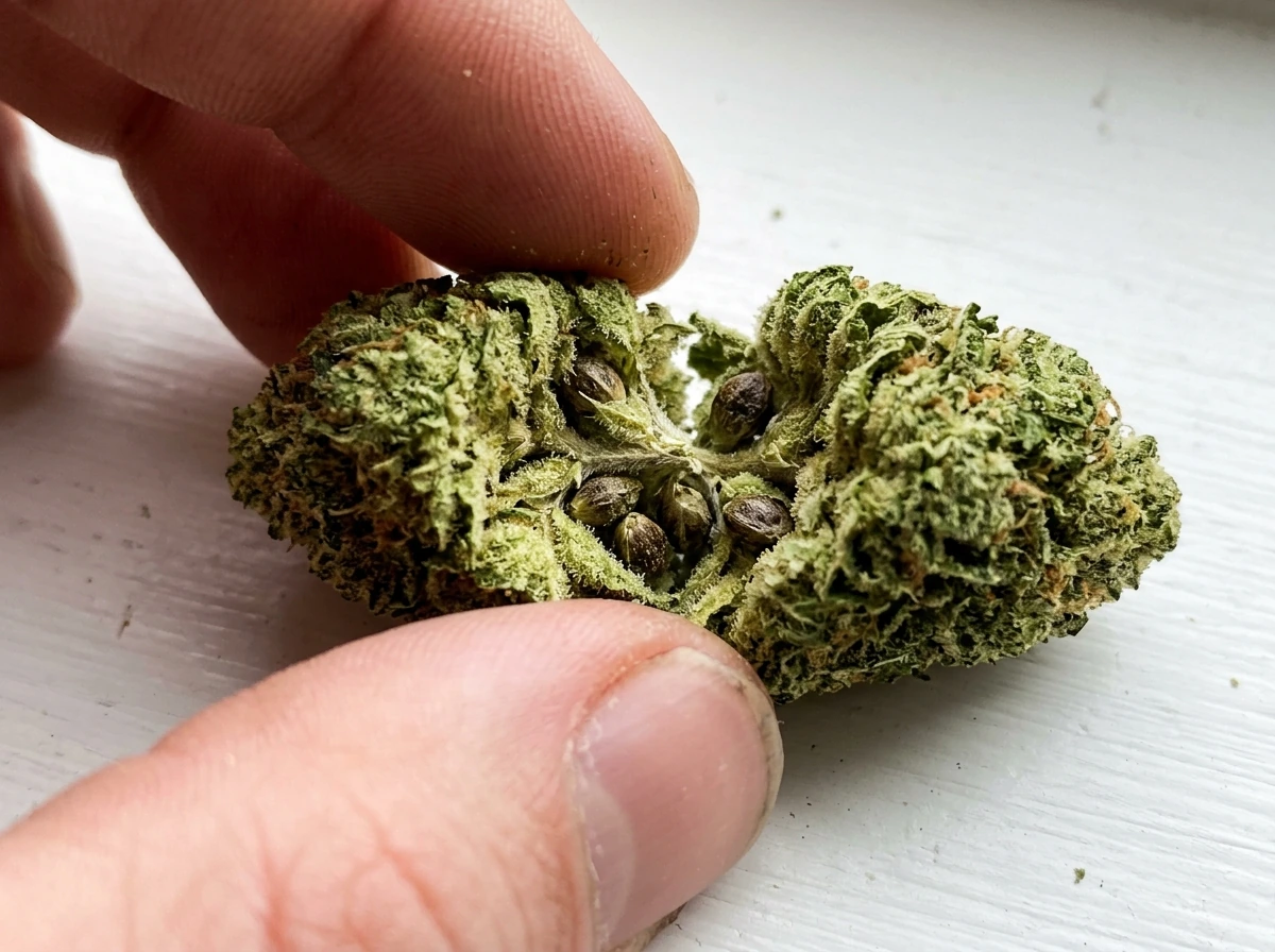 Cracked cannabis bud showing dark, potentially viable seeds inside