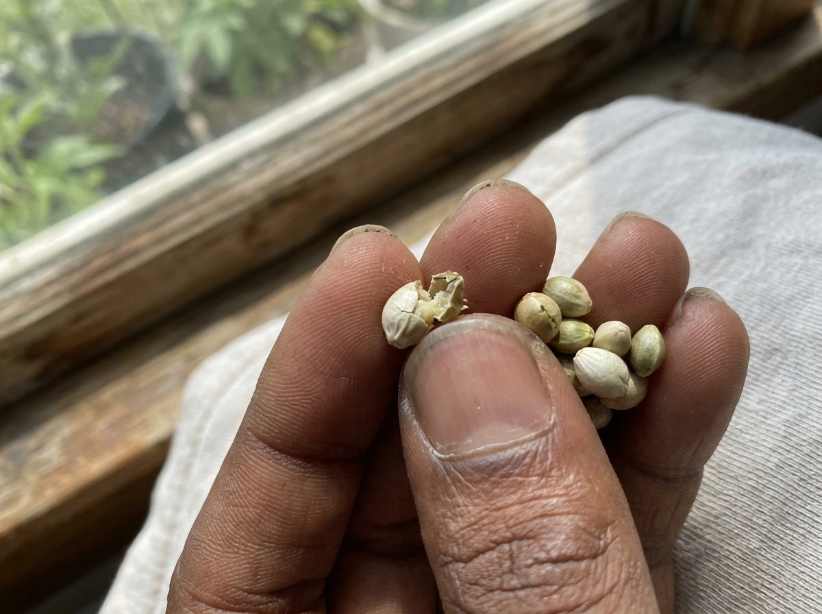Non-viable cannabis seeds that are pale and easily crushed
