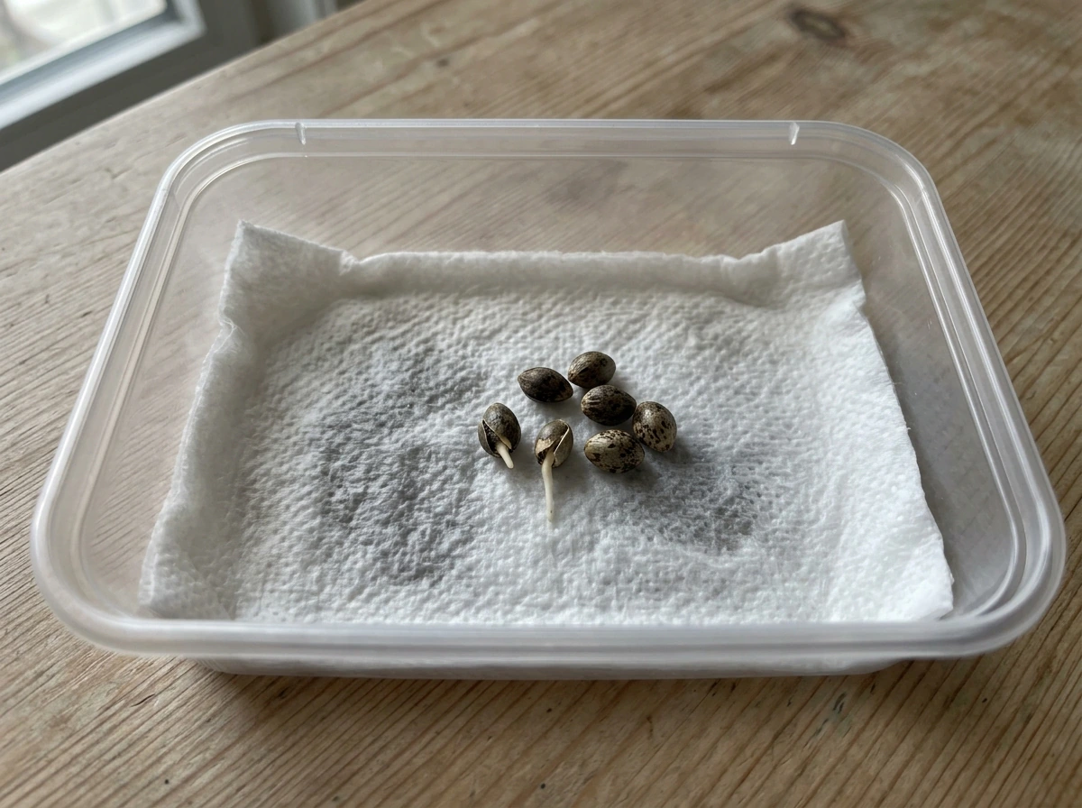 Paper towel germination setup with seeds cracked and taproots emerging