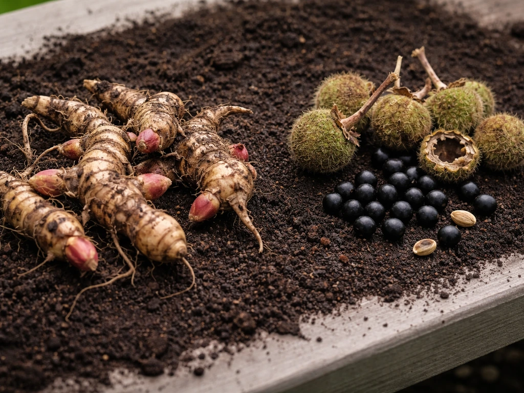 Canna rhizomes and seed pods/seed packets laid on garden soil for a clear starter comparison.