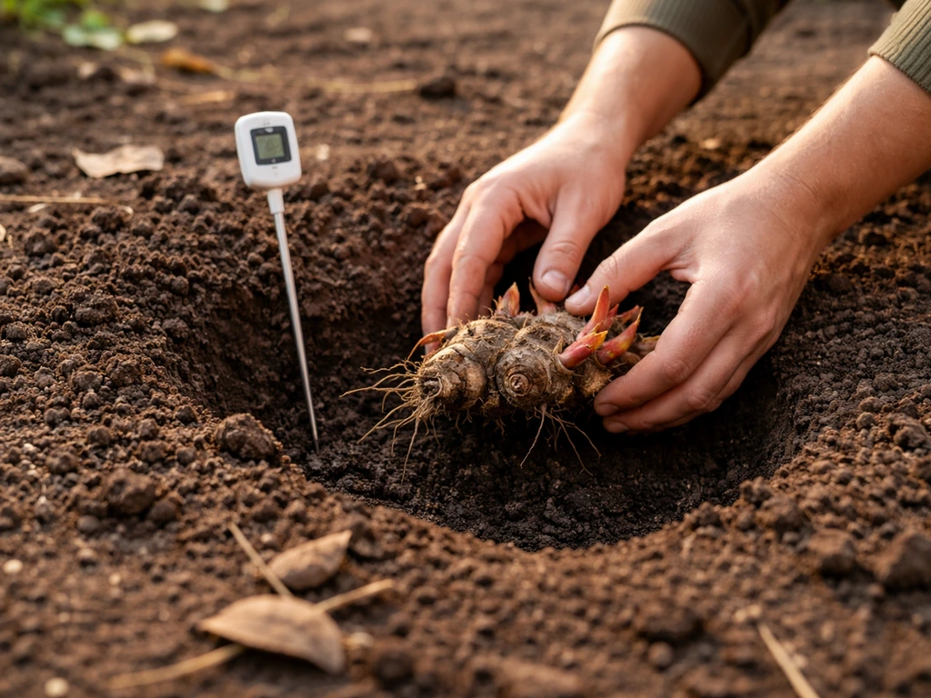 Canna rhizome placed in a warmed garden bed with a soil thermometer nearby to cue proper planting time.