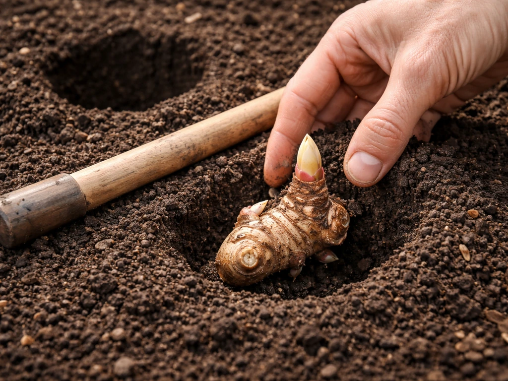 Canna rhizome placed in moist soil with the growing eye up, buried about 2–3 inches, spacing between holes.