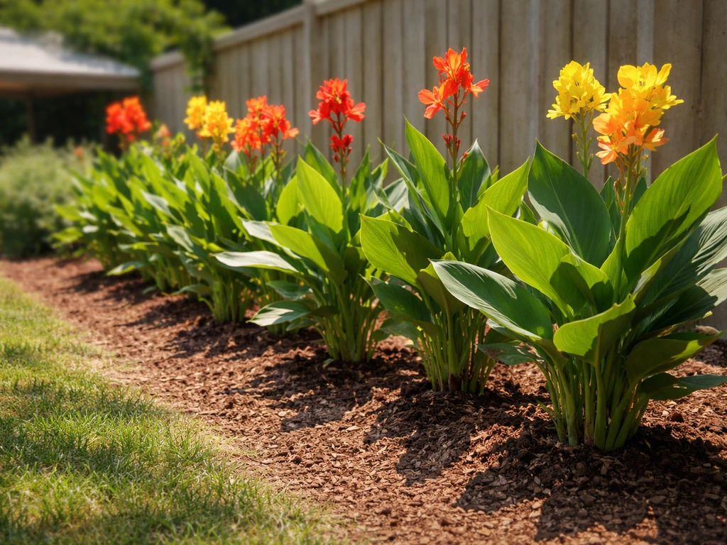 Canna lilies in a sunny garden bed receiving direct light, with a blurred shade cover in the background.
