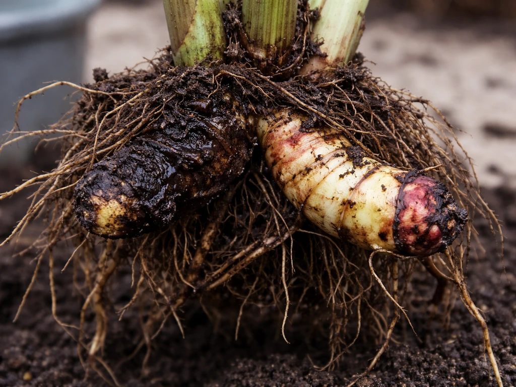 Canna rhizome partly lifted from soil showing rotting texture near the soil line with a healthy section beside it.