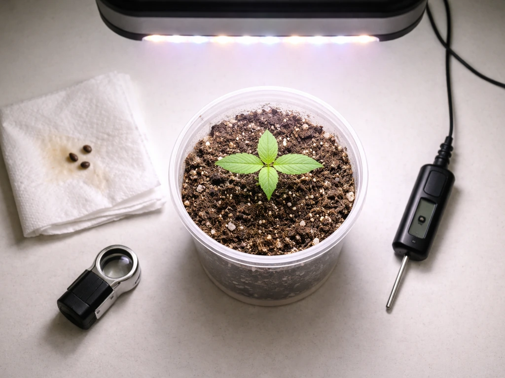 Top-down view of an autoflower seedling in its final pot with germination tools nearby under grow light.