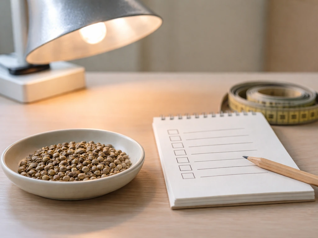 Assorted autoflower seeds and a simple grow-plan checklist on a wooden table, suggesting planning a grow setup
