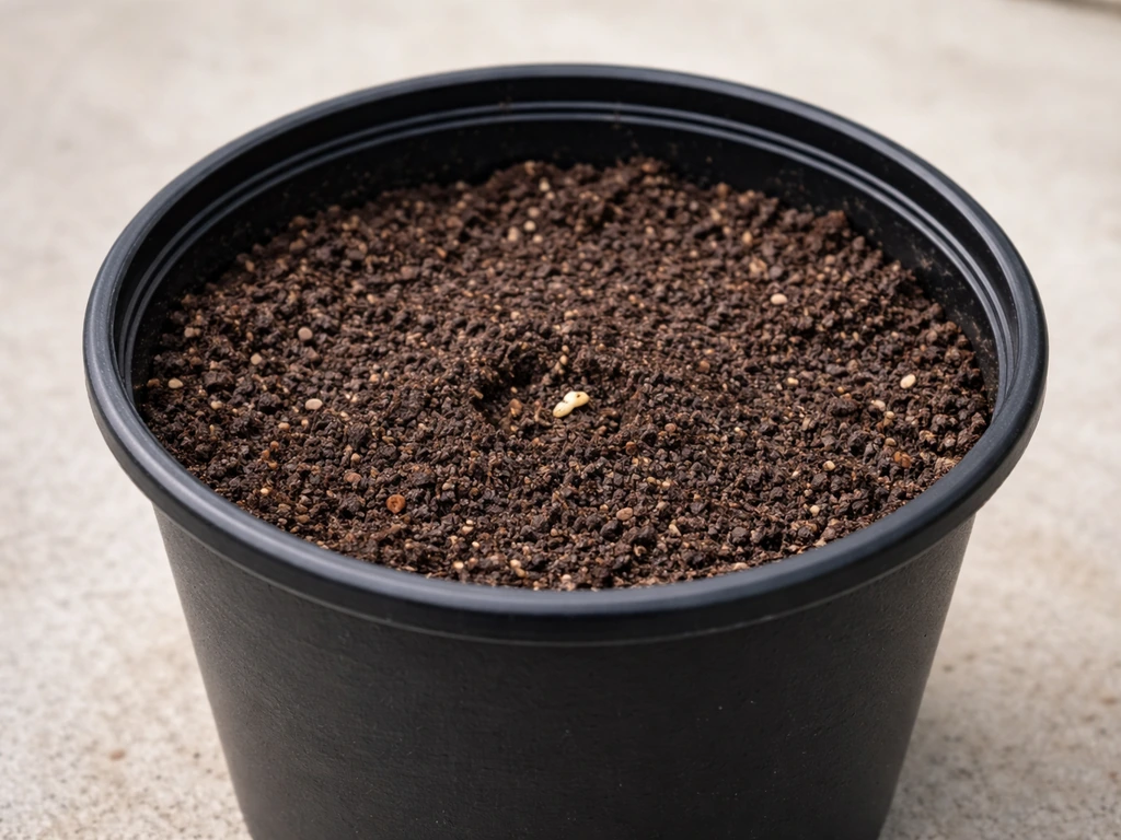 Black pot filled with moist soil, with one germinated seed placed at proper depth for direct sowing.