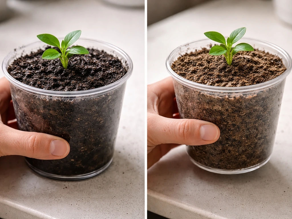 Two close-up views of a small plant container: soil wet and heavy vs later near-dry and light.
