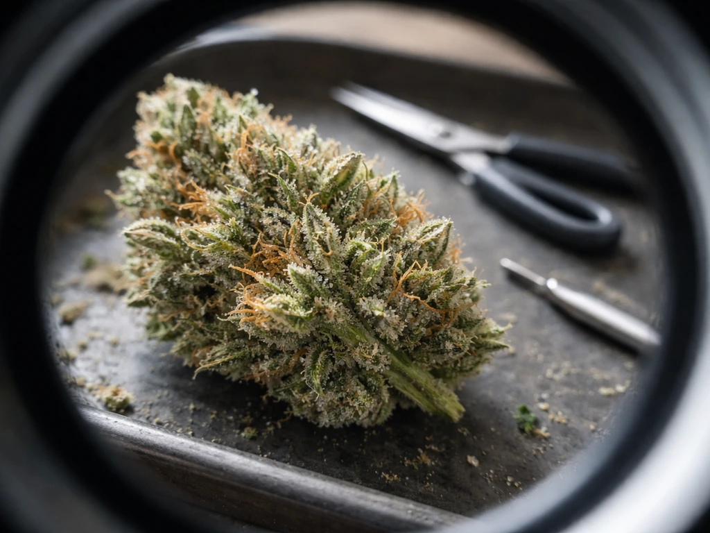 Jeweler’s loupe closeup of cannabis trichomes on an autoflower bud with harvest tools nearby