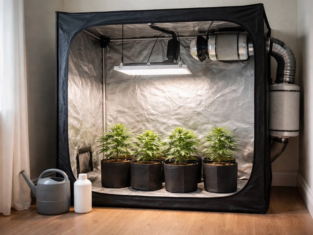 Open indoor grow tent with young plants, LED light, and neatly mounted ventilation/odor control hardware.