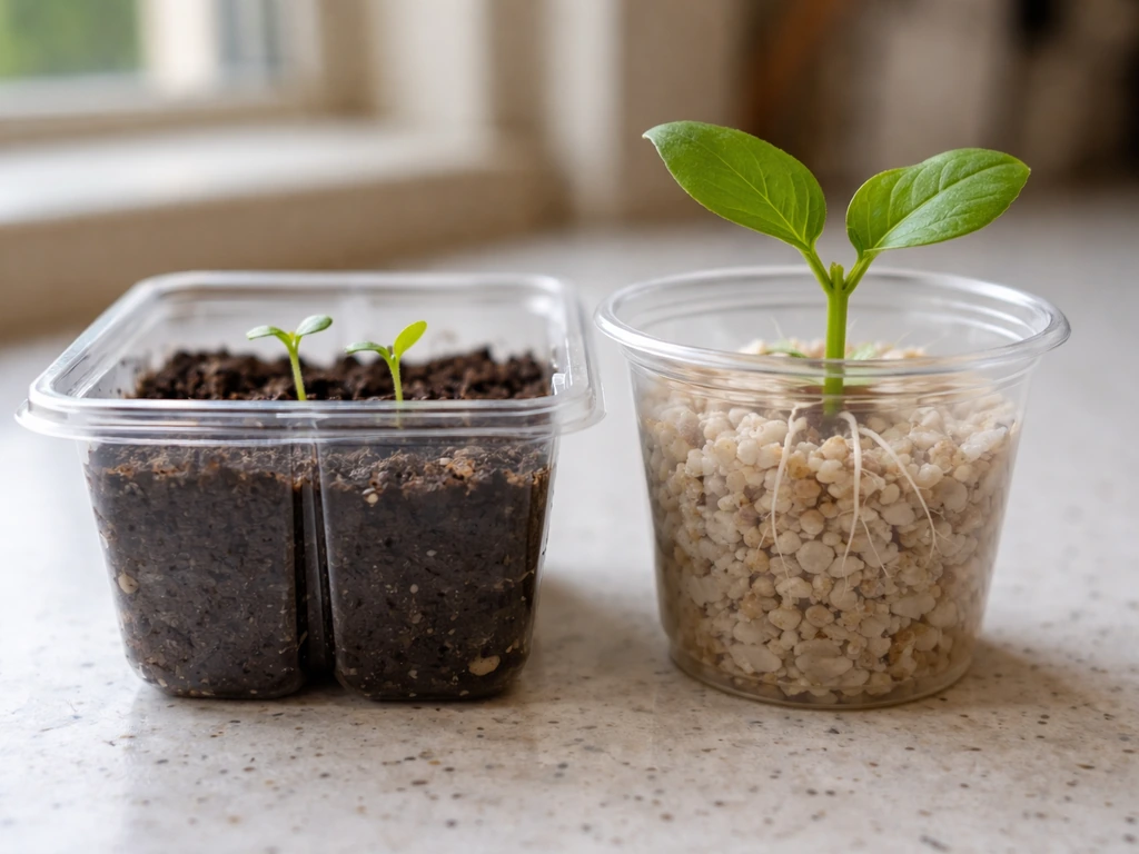 Two small starter containers showing germinating seedlings and a rooted clone cutting side by side.