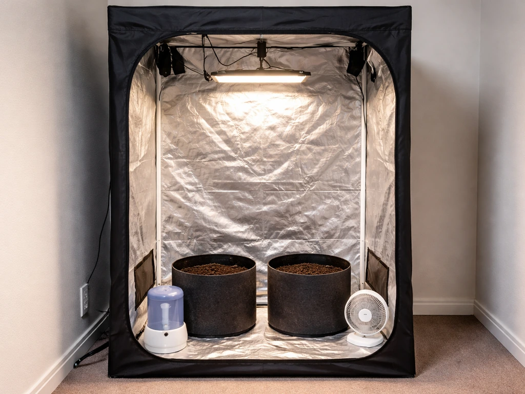Open 2x4 grow tent interior with hung light, two pots with medium, and basic unbranded gear inside.