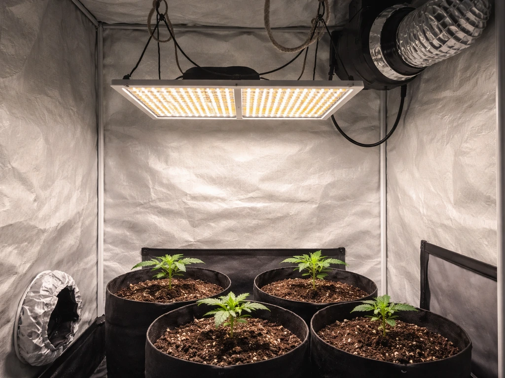 LED quantum board mounted inside a grow tent over seedlings at a safe hanging height.