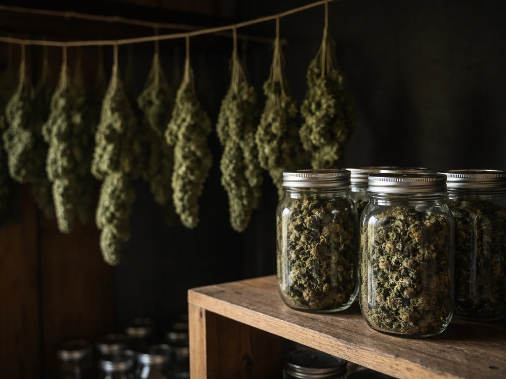 Buds hanging upside down in a dark drying room with curing mason jars visible on a nearby shelf