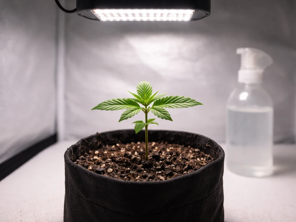 Young cannabis seedling growing under a small LED grow light in a simple indoor setup