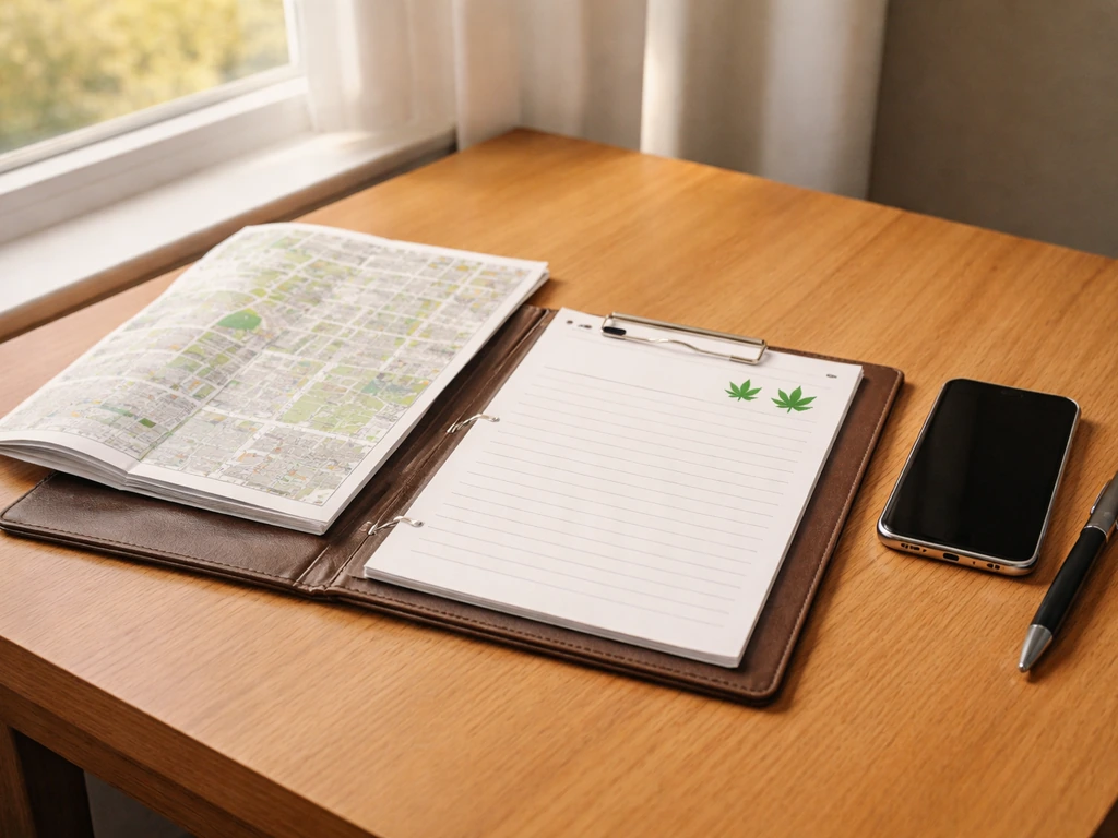 Wooden table with a blank permit folder, folded map, and phone by a window—suggests checking local laws.
