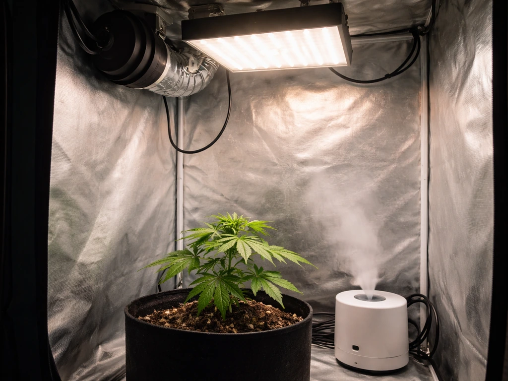 Small indoor grow tent with a compact LED panel, airflow fan ducting, and a humidity device inside.