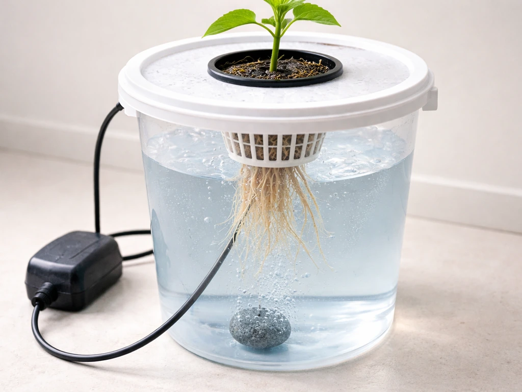 Close-up of a single DWC hydro bucket with air stone and roots suspended in a net pot