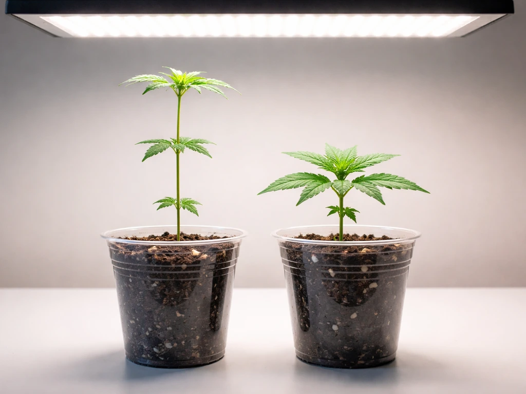 Tall spindly seedling with long internodes beside a shorter healthy seedling under bright grow light.