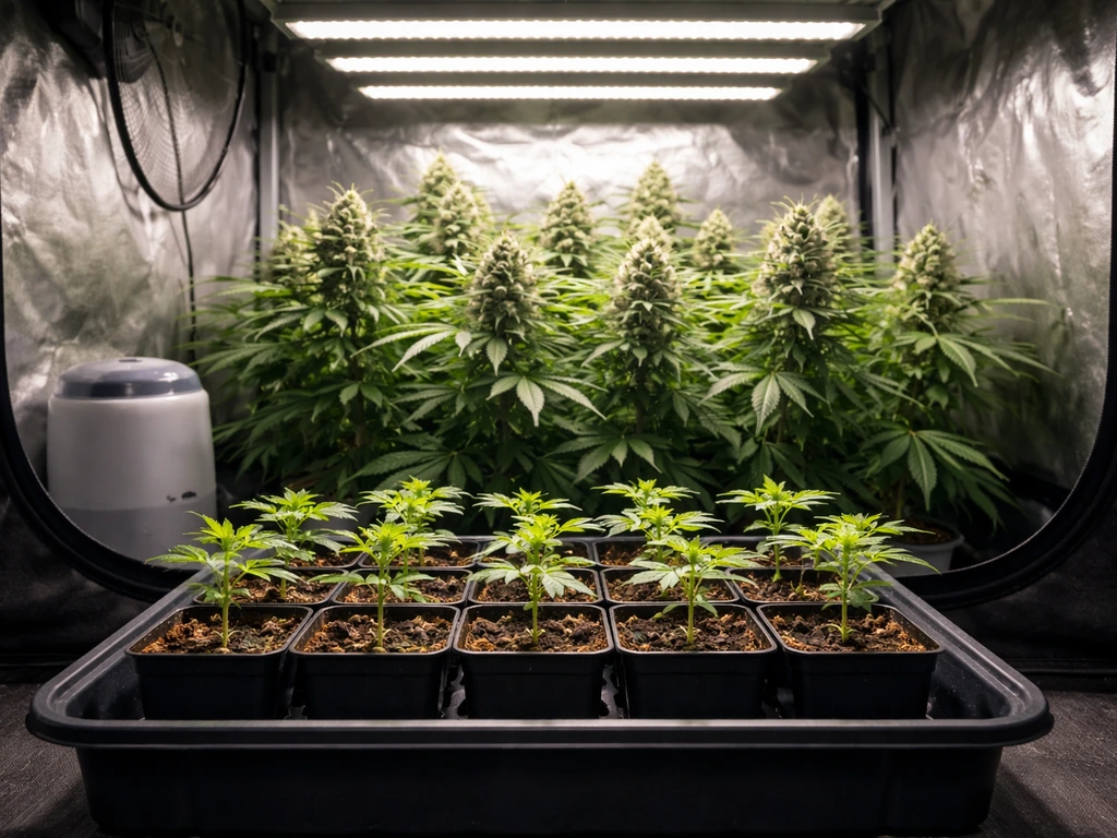Minimal indoor grow tent showing seedlings and a flowering canopy in progress, ready-to-harvest atmosphere