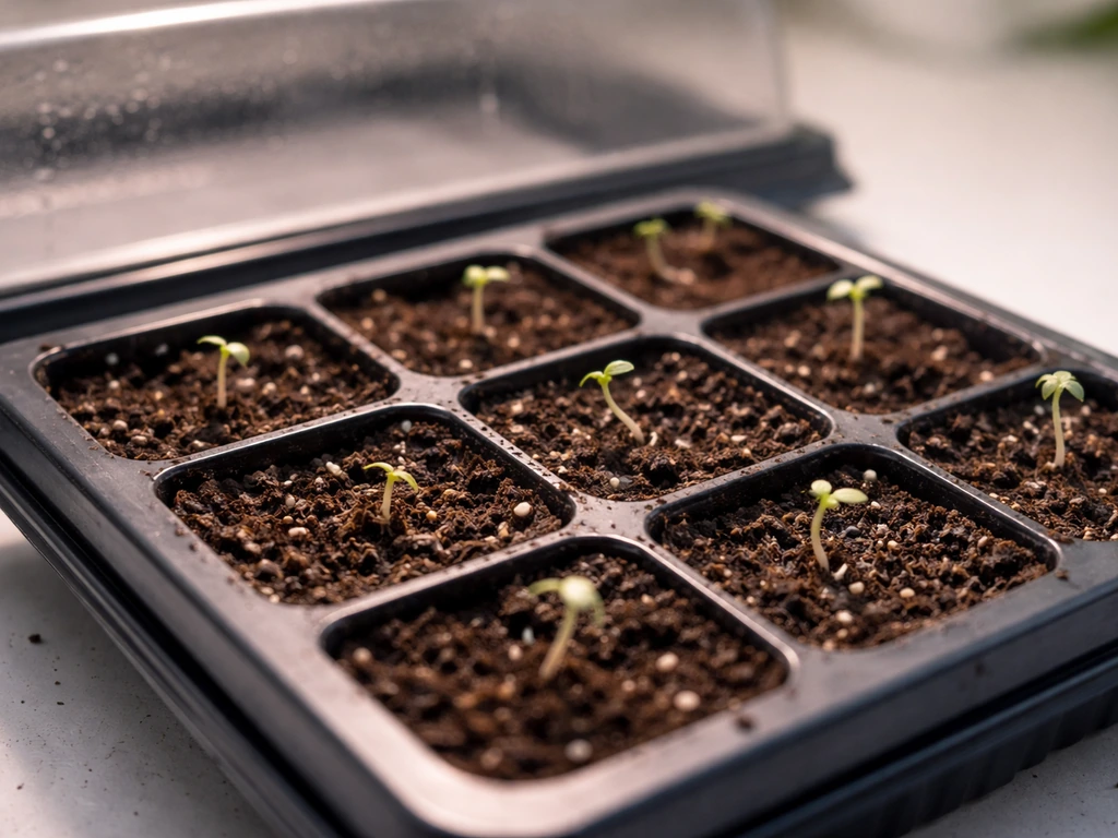 Overhead view of small cannabis seedlings emerging in a tidy propagation tray under soft grow light