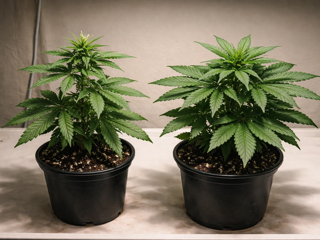 Two cannabis seedlings in a simple indoor grow setup, one older-looking photoperiod plant and one younger autoflower