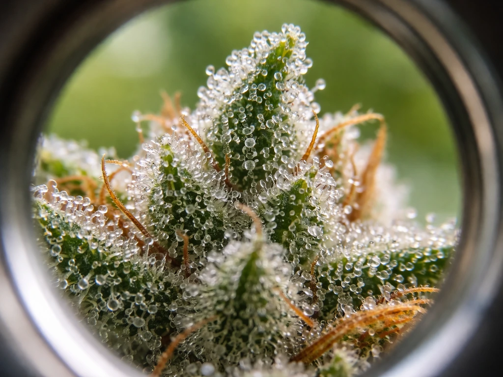 Macro close-up of trichomes on a cannabis bud under a jewelers loupe, showing ripeness