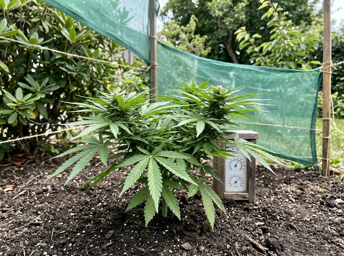 Outdoor cannabis plant in soil with simple weather-monitor setup