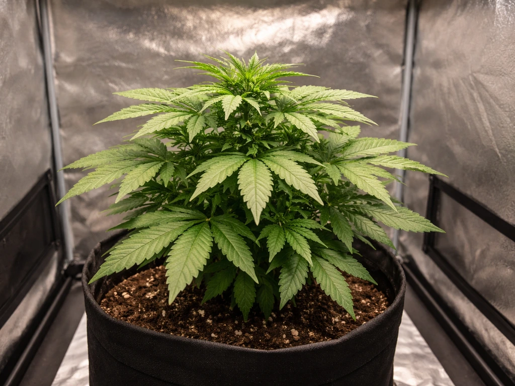 Healthy autoflower cannabis plant growing under an indoor grow light in a small tent, canopy in focus.