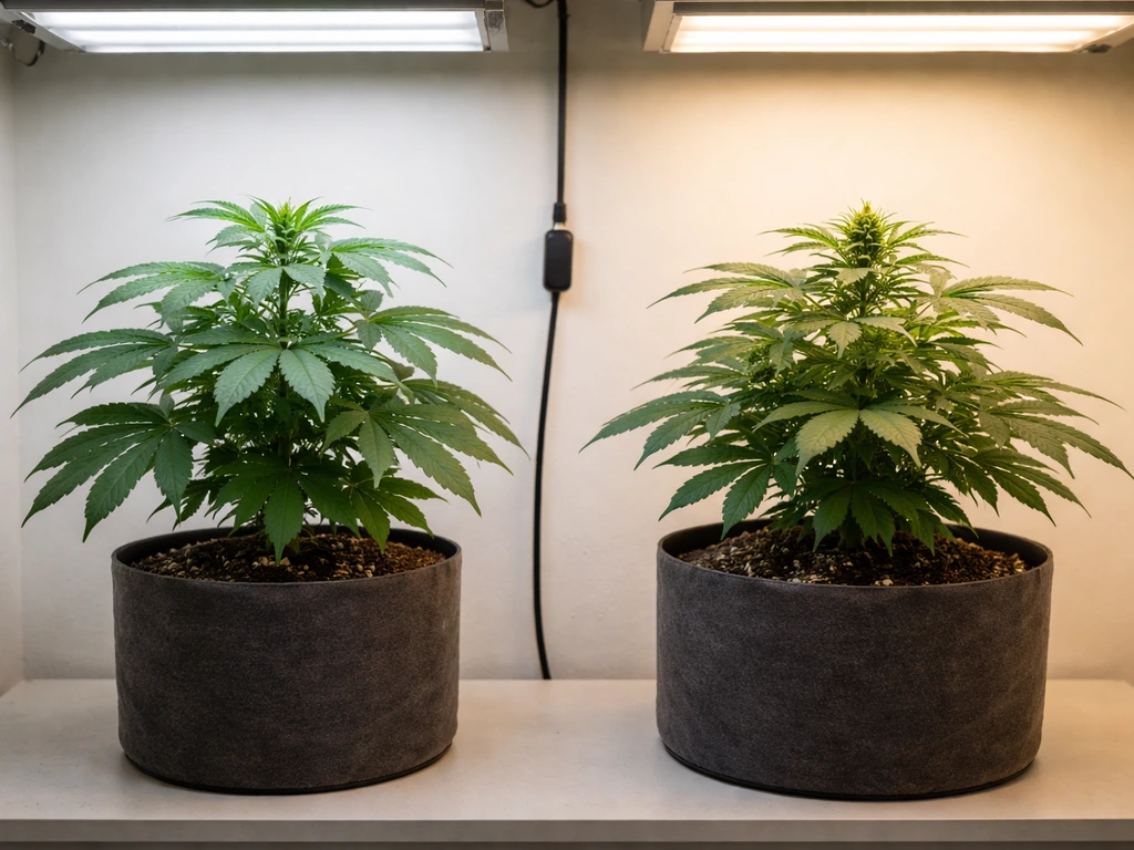 Two cannabis plants in separate pots, one under a timer-lit grow light cycle, one in a steady early-flowering stage.