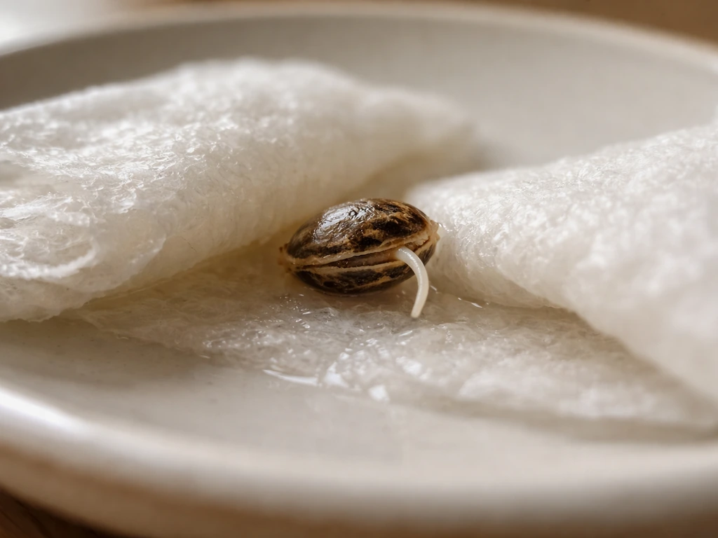 Close-up of a seed nestled between damp paper towels with a tiny taproot just beginning to sprout