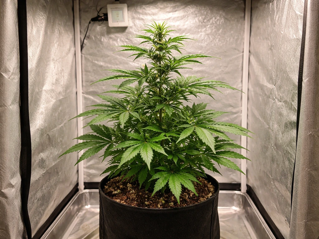 Single indoor cannabis plant showing early flowering transition under a consistent light setup with timer visible.