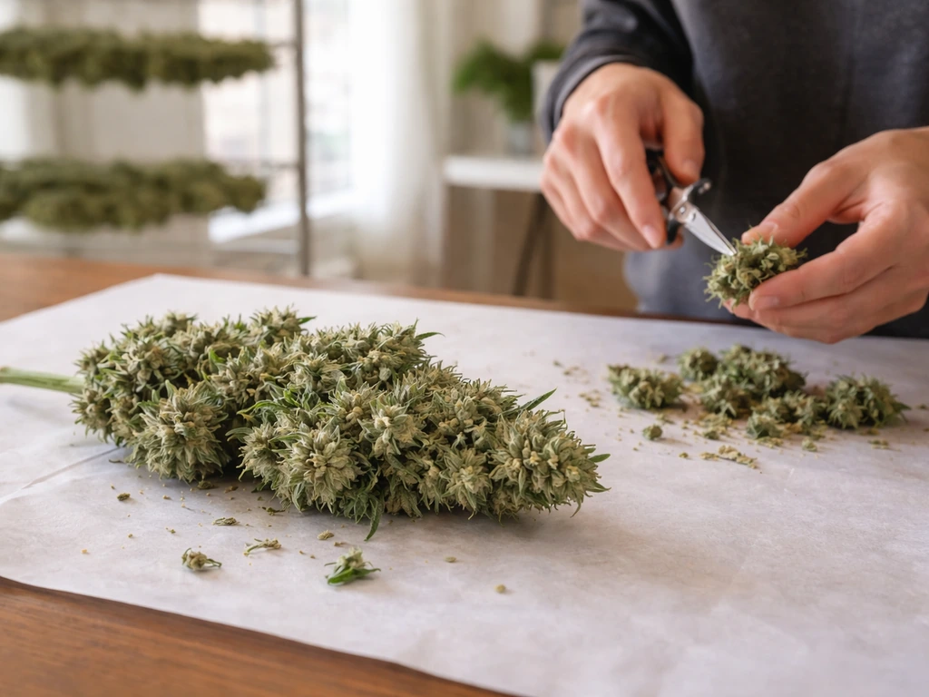 Cannabis plant branch with visible trichomes; clean workspace where buds are being trimmed after harvest.