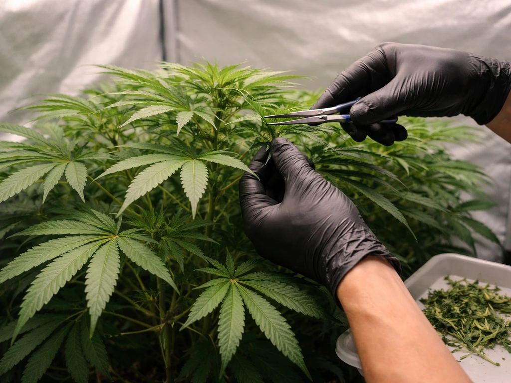 Cannabis plant in mid-to-late veg with pruning underway using small scissors and gloves in a simple grow space.