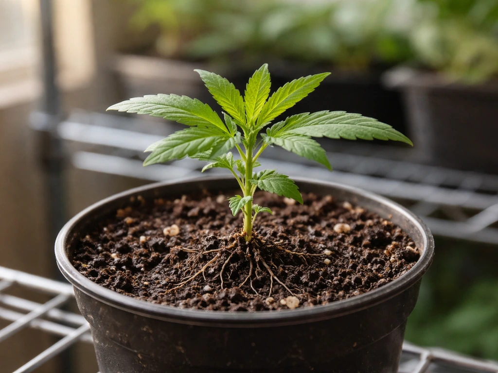 Close-up of an early-stage cannabis seedling with fresh new leaves in a small pot indoors.