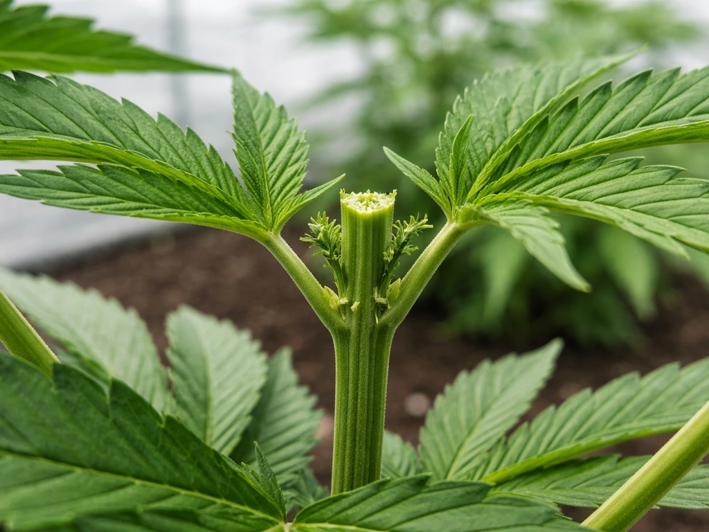Close-up of a plant topping cut just above the top node, showing the main stem for multiple new colas.