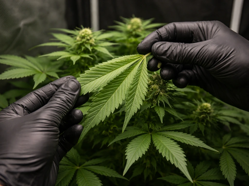 Hands selectively removing a few fan leaves from a cannabis plant canopy for better airflow.