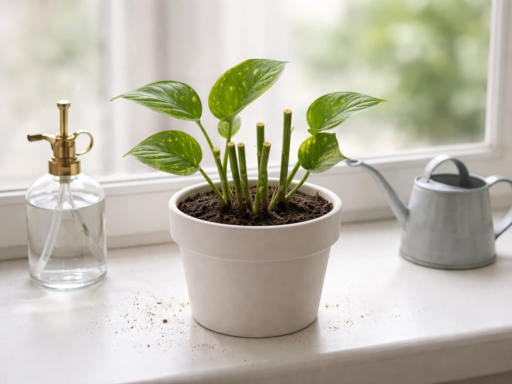 Potted plant with freshly pruned stems on a windowsill, care items nearby, stable indoor conditions
