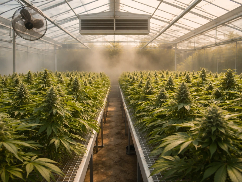 Thriving cannabis plants in a lit greenhouse with visible vents and circulating fans along the benches.